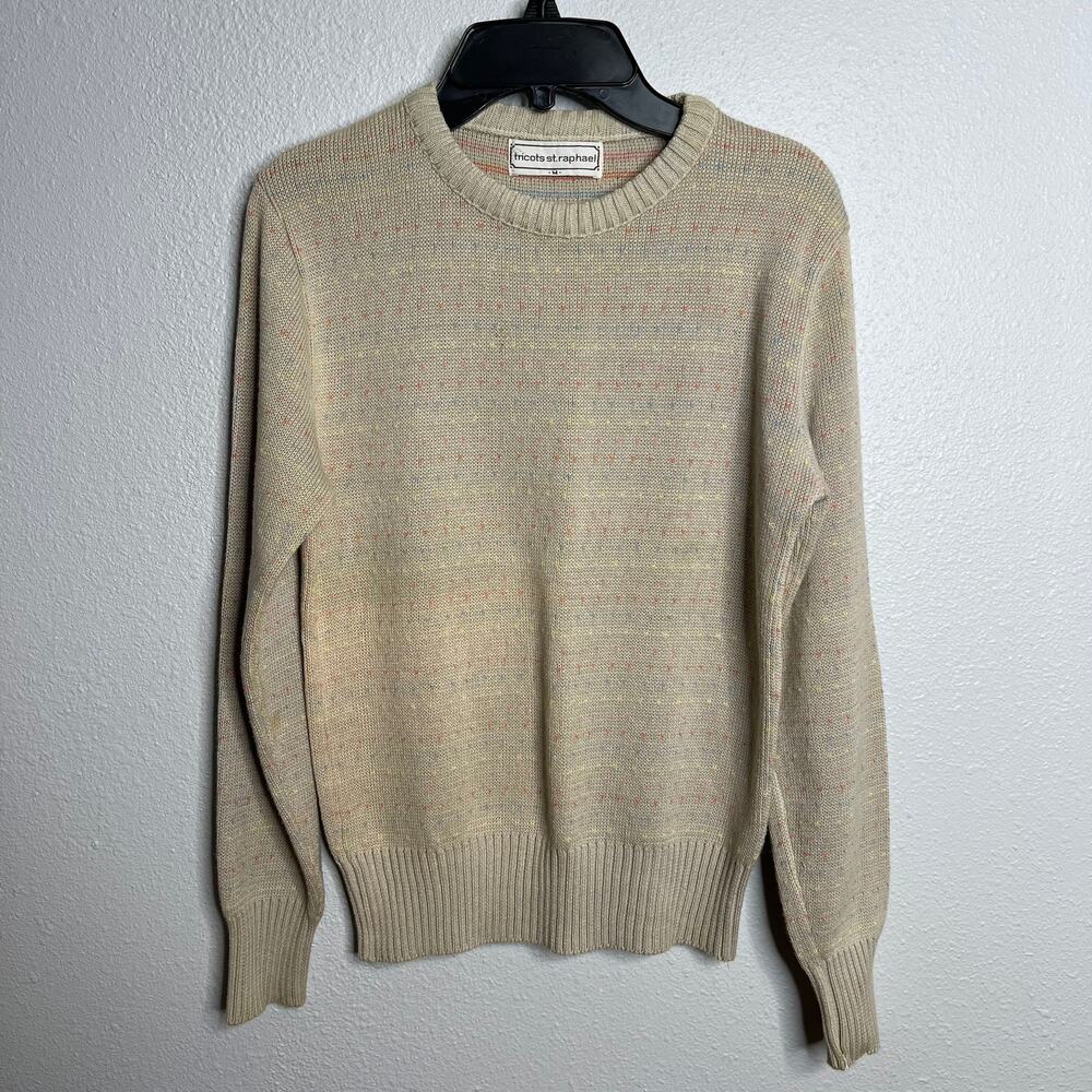 Vintage Tricots St Raphael Tan Knit Sweater Crew Neck Pullover Long Sleeve Sz Mq